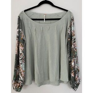 Free People Picking Petals Floral Sleeve Sage Top Medium Top Fairy Grunge Boho